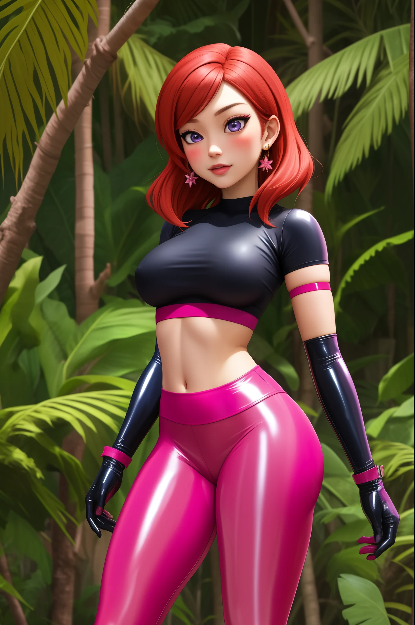 masterpiece, best quality,8k wallpaper, 1boy, 1girl, nishikino maki, purple eyes, (pink tight crop top), breasts ,elbow gloves, (pink latex leggings),in jungle , (standing), earrings , blushing ,Couple ,facing each other