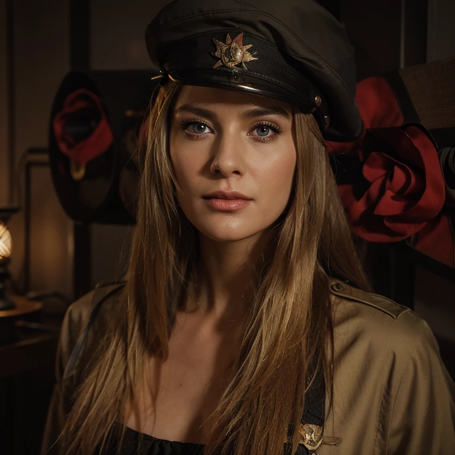 the most beautiful Soviet female commander, beautiful MILF woman with a serious Russian face, very long blonde hair, black military beret, brown Soviet style uniform with medals, she is in a dark military bunker with computer servers and cables, Ultra detailed, hyper realistic, 4k, Ultra detailed image, realistic, Highly detailed, perfect composition, Splendid, Intricately detailed, Incredibly detailed, 8K fine art photography, hyper detailed, Masterpiece, Ultra detailed, hyper realistic, 4k, Ultra image detailed, realistic, highly detailed, perfect composition, gorgeous, intricately detailed, incredibly detailed, 8K fine art photography, hyper-detailed, masterpiece