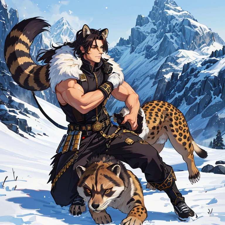 Young, handsome, strong, musculoskeletal soldier playing with a sea lion body chimera puppy, seal tail, cheetah fur, raccoon shiners and fox ears on top of a snowy mountain