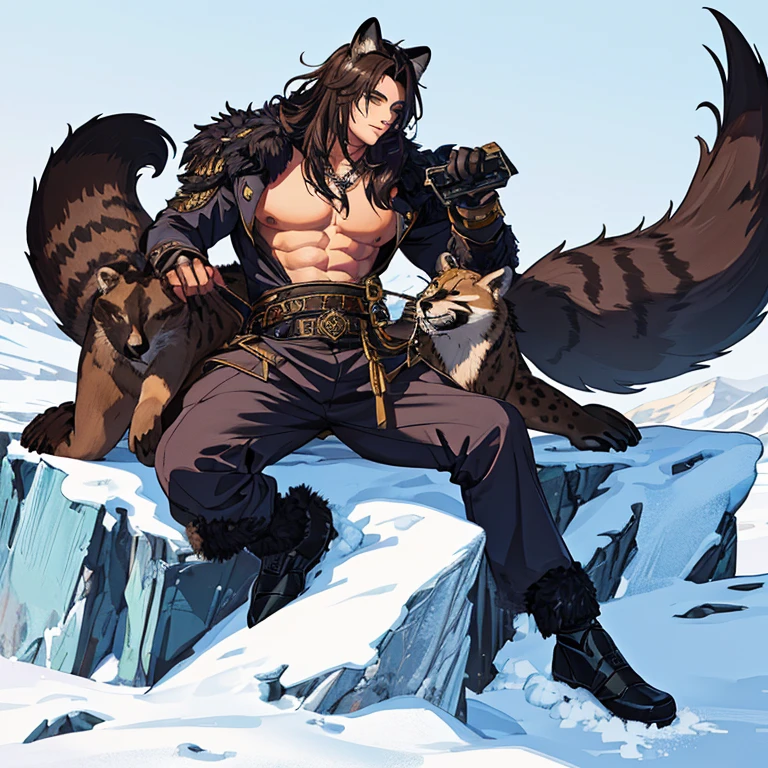 Young, handsome, strong, musculoskeletal soldier playing with a sea lion body chimera puppy, seal tail, cheetah fur, raccoon shiners and fox ears on top of a snowy mountain