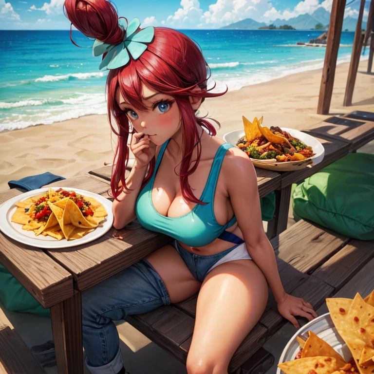 Mexican woman eating tacos, Mexican food stall tortillas and nachos Tight tank top and hot pants highest quality Tequila and Corona beer on the table String Panties I can see your pants