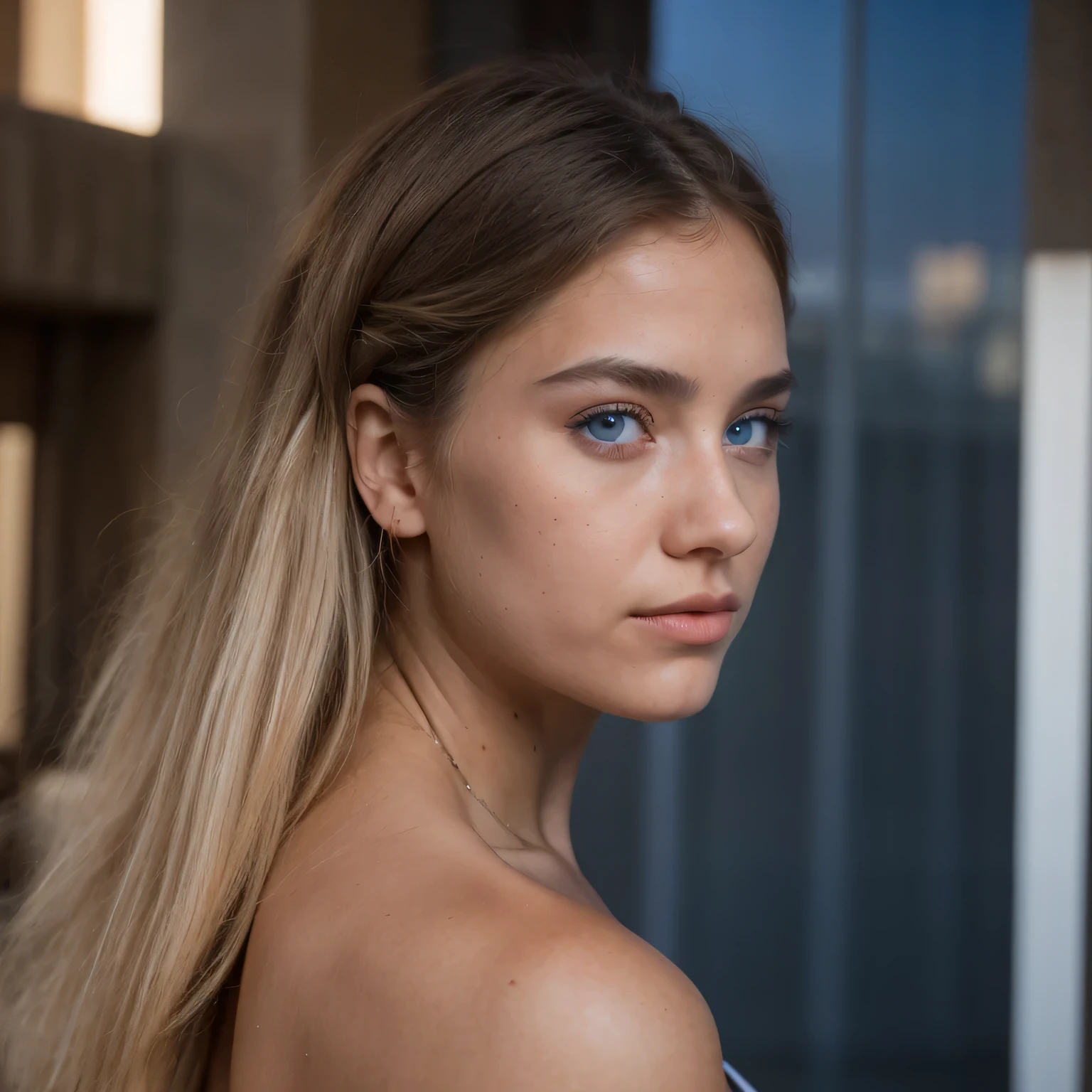 photo of a college student, in Desert Color Coarse Linen Pink,Desert Color Coarse Linen, (freckles:0.8) cute face, sci-fi, dystopian, detailed eyes, Heterochromia eyes((Side view))(Dune 2)((Cobalt blue eyes))