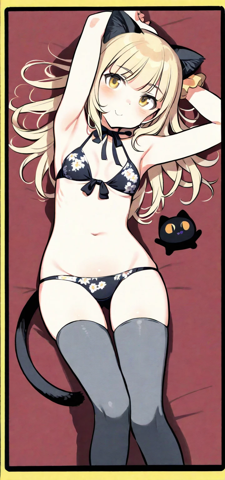 (8K, Best Quality, Ultra Detailliert, Highres, Absurdres, Perfect Anatomy:1.5, Masterpiece:1.5), (((1 Cute Girl))), (((perrine h. clostermann, perrine clostermann))), (((Yellow Eyes))), (((Black Glasses))), (((Long Long Hair:1.4, Bangs, Blust Bangs, Blonde Hair))), (((Black Cat Ears, Black Cat Tail))), (Slender Body, Dwarf:0.7), (((Small Breasts:1.0))), ((Big Hips:1.1)), (Smile:0.8), (Blush:1.1), (Ribbon Choker), (((Bikini, Floral Print))), (Wrist Scrunchie), Sandals, (Heart, <3), (Lying on Bed), (Arms Up), (Spread Leg), ((Posed Photo)), ((Wide-Angle Photo)), ((Simple BackGround, Simple Colour BackGround, Warm Colour BackGround)),