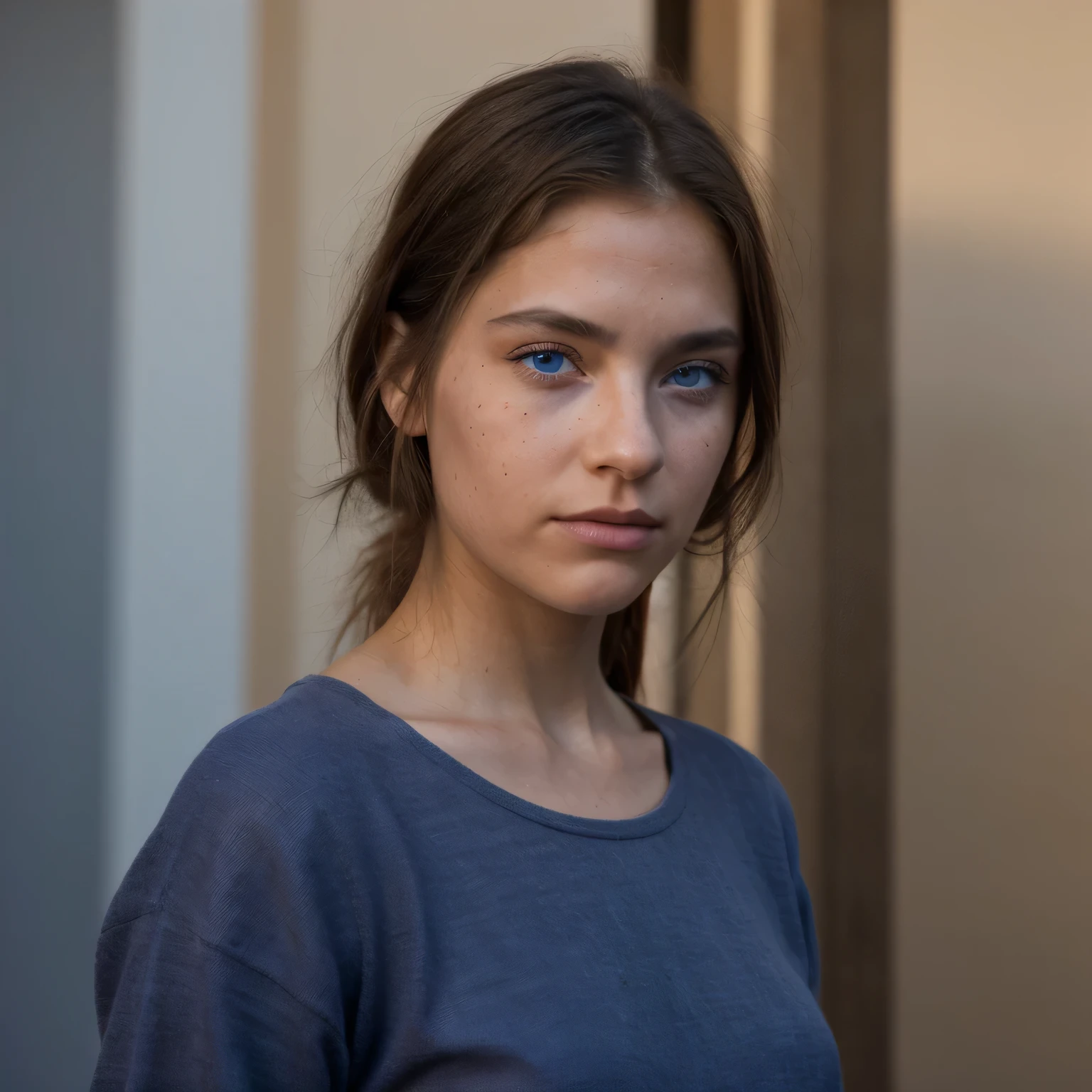 photo of a college student, in Desert Color Coarse Linen Pink,Desert Color Coarse Linen, (freckles:0.8) cute face, sci-fi, dystopian, detailed eyes, Heterochromia eyes((Side view))(Dune 2)((Cobalt blue eyes))