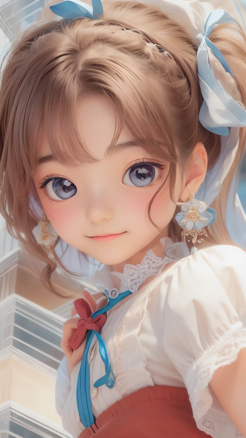 detailed face, cute face,brown eye, ((sfw: 1.4)), (sfw,She is wearing a long white embroidered skirt, a red blouse with lace, a white apron tied around her waist, blue socks, and brown leather shoes.A blue scarf is on her head. Yes, her accessories include necklaces, earrings, and bracelets. 1 Girl)), Ultra High Resolution, (Realistic: 1.4), RAW Photo, Best Quality, (Photorealistic Stick), Focus, Soft Light, ((15 years old)),  ((Japanese)), (( (young face))), (surface), (depth of field), masterpiece, (realistic), woman, bangs, ((1 girl))