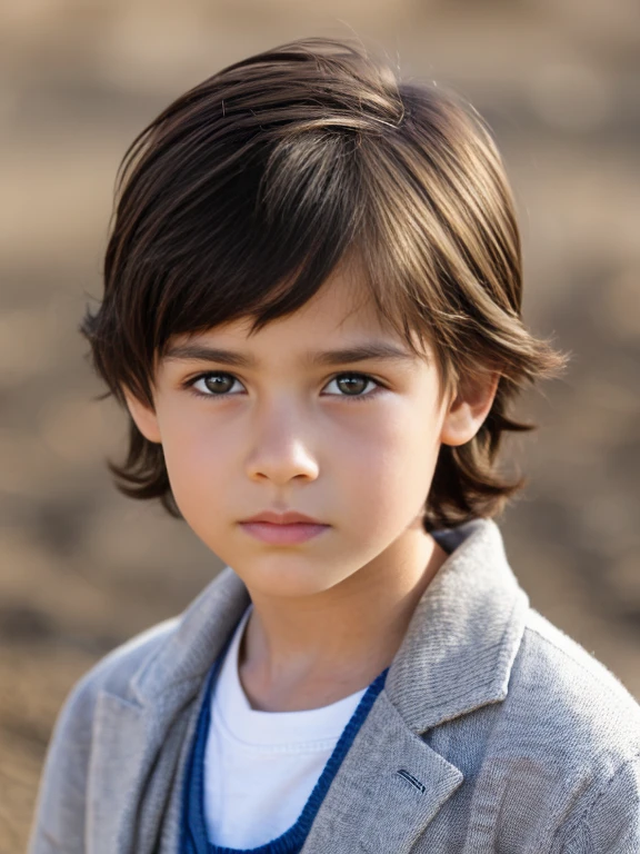 A 10-year-old boy with light brown hair, white skin, blue eyes, fine European features, a sad melancholic look., en una playa nudista