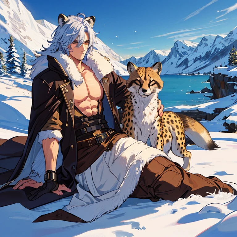 Young, handsome, strong, musculoskeletal soldier playing with a sea lion body chimera puppy, seal tail, cheetah fur, raccoon shiners and fox ears on top of a snowy mountain