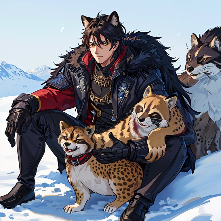 Young, handsome, strong, musculoskeletal soldier playing with a sea lion body chimera puppy, seal tail, cheetah fur, raccoon shiners and fox ears on top of a snowy mountain