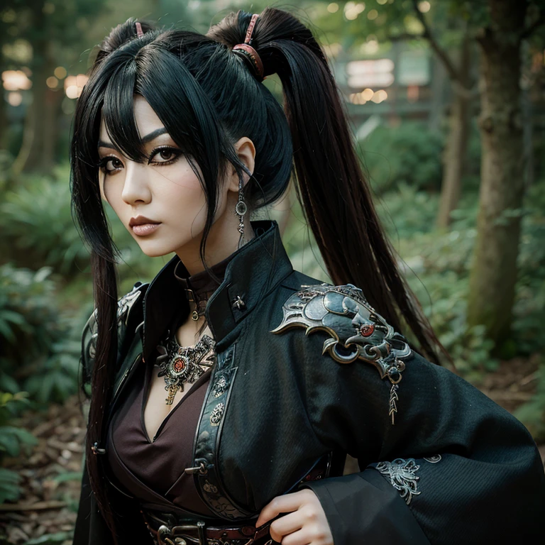1 Japanese rocker, female, Asian eyes, dragon, hairstyle in Visual Kei style, hair Visual Kei, outfit rocker, ultra-detailed face and eyes, hyper-realistic, realistic representation, 30 years old, age 30 years, full body, black and blonde hair