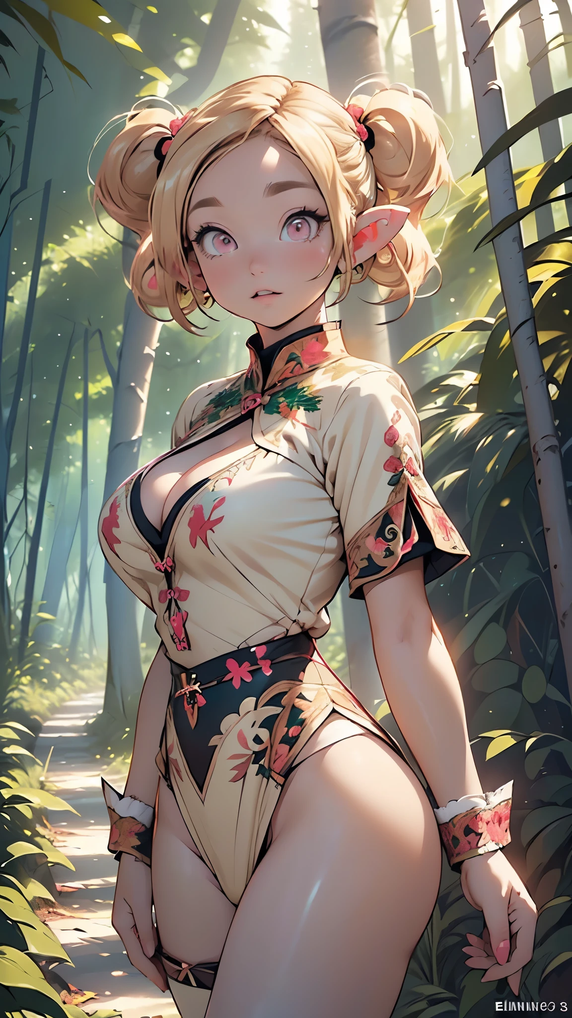 elf girl,(((1girl))),((extremely cute and beautiful elf girl)),(((13 years old))),(((elf))), (((elf ears:1.5))),
(large breasts:1.5),((((blonde long hair:1.35,(blonde twintails hair:1.5),colored inner hair,ear breathing)))),(pointed ears,(((dark_pink_eyes:1.3))),intricate eyes,beautiful detailed eyes,symmetrical eyes,big eyes:1.5,((fat)),(((lustrous skin:1.5,bright skin: 1.5,skin tanned,shiny skin,very shiny skin,shiny body,plastic glitter skin,exaggerated shiny skin,illuminated skin))),(spider lower abdomen,narrow waist,wide hip,athletic body,inflated legs,thick thighs,detailed body,(detailed face)),
cute,slutty,seductive,erotic,(nsfw),
(((huge cleavage))),revealing clothes,show skin,((underboob)),((elven princess clothes)),revealing clothes,((loincloth)),(((pelvis curtain))),(((dark pink theme clothes,intricate outfit,intricate clothes,embroidered outfit,ornate outfit))),
(dynamic pose:1.0),embarrassed,happy,(centered,scale to fit dimensions,Rule of thirds),
((pine forest,elven palace in the forest:1.5)),scenery:1.25,((intricate scenery)),((elven palace in the forest background)),
(Glossy winter ornaments),highres,sharp focus,(ultra detailed,extremely detailed),(photorealistic artwork:1.37),(extremely detailed CG unity 8k wallpaper),(((vibrant colors,vibrant theme))),(intricate),(masterpiece),(best quality),artistic photography,(photography taken by sldr),(intricate background),perfect rendered face,perfect face details,realistic face,photo realistic,((intricate detail)),(((realism))),