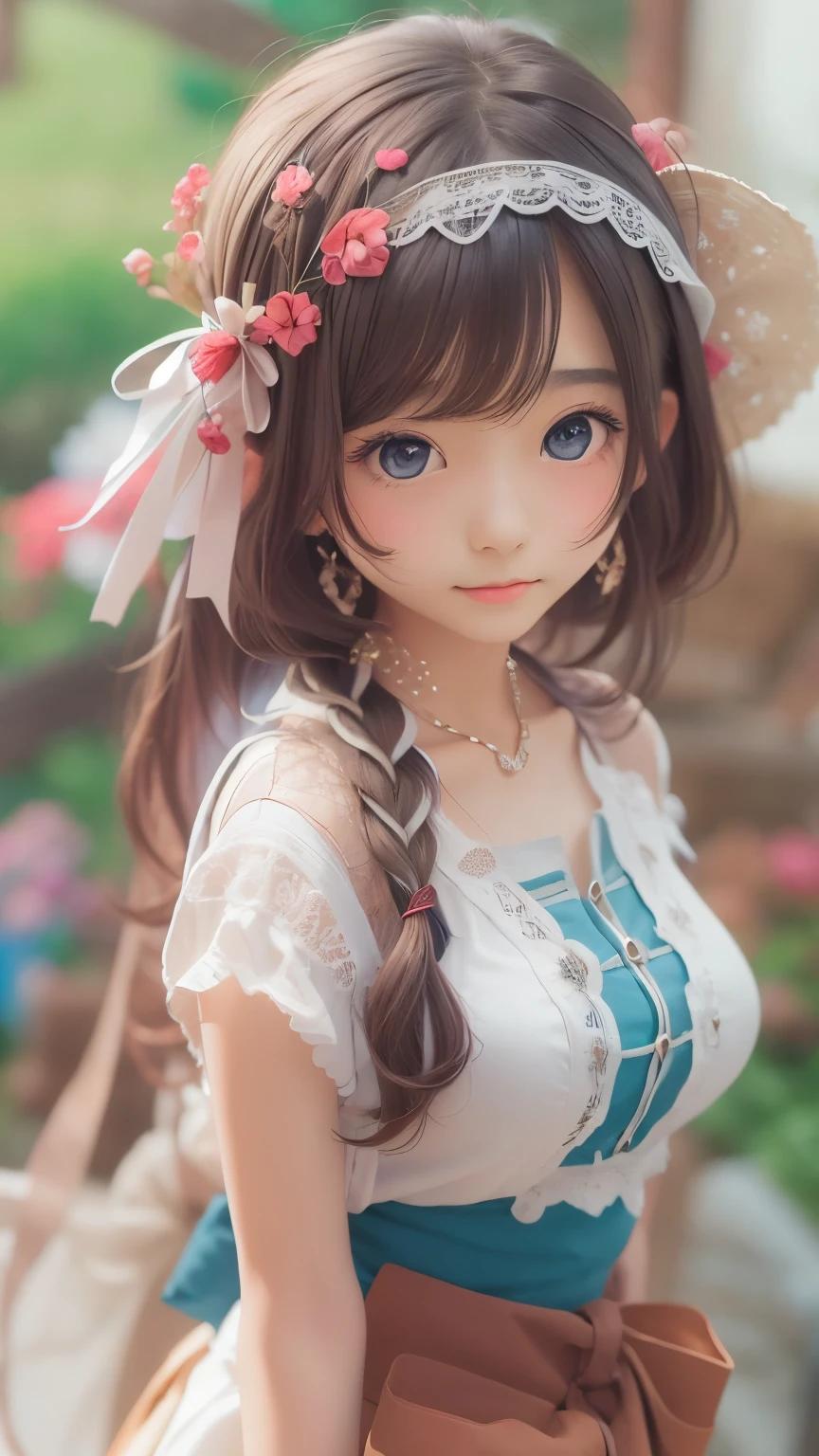 detailed face, cute face,brown eye, ((sfw: 1.4)), (sfw,She is wearing a long white embroidered skirt, a red blouse with lace, a white apron tied around her waist, blue socks, and brown leather shoes.A blue scarf is on her head. Yes, her accessories include necklaces, earrings, and bracelets. 1 Girl)), Ultra High Resolution, (Realistic: 1.4), RAW Photo, Best Quality, (Photorealistic Stick), Focus, Soft Light, ((15 years old)), ((Japanese)), (( (young face))), (surface), (depth of field), masterpiece, (realistic), woman, bangs, ((1 girl))
