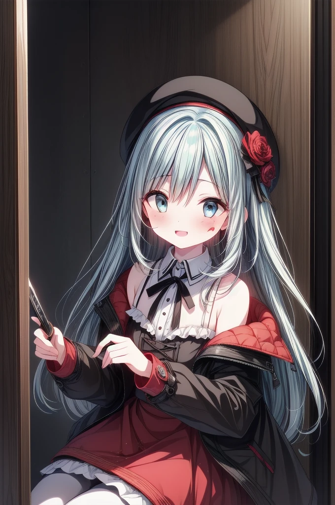 masterpiece, best quality, extremely detailed, (illustration, official art:1.1), 1 girl ,(((( light blue long hair)))), light blue hair, ,, long hair ((blush)) , cute face, big eyes, masterpiece, best quality,(((((a very delicate and beautiful girl))))),Amazing,beautiful detailed eyes,blunt bangs((((little delicate girl)))),tareme(true beautiful:1.2), young girl、smile, There are still traces of blood on the wall,spooky, dead eyes,A grinning man holding a bloody knife in one hand.,bloody beret,bloody,blood droplets,There was a lot of blood all over the room.,Spooky laughter, dead eyes,Psychopath horror,bloody clothes,blood drops,Spooky,Murder scene, serial killer, bathed in blood,Clothes with blood on them， jacket with blood on it, bloody collared jacket,Bloodstained white dress shirt, shirt with blood on the collar, neckline, button, strap, bloody  skirt,bloody black pantyhose, looking at the viewer, holding a bloody knife grip, break looking at viewer, break indoors, office, break (masterpiece:1.2), highest quality, High resolution, unity 8k wallpaper, (figure:0.8), (detailed and beautiful eyes:1.6), highly detailed face, perfect lighting, Very detailed CG, (perfect hands, perfect anatomy),
