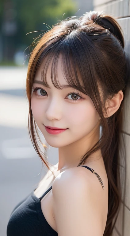 masutepiece, Best Quality, Illustration, Ultra-detailed, finely detail, hight resolution, 8K Wallpaper, Perfect dynamic composition, Beautiful detailed eyes, Women's Fashion Summer,Ponytail Hair,Small breasts natural color lip, Bold sexy poses,Smile,Harajuku、20 years girl、Cute、Sexy shot looking at camera