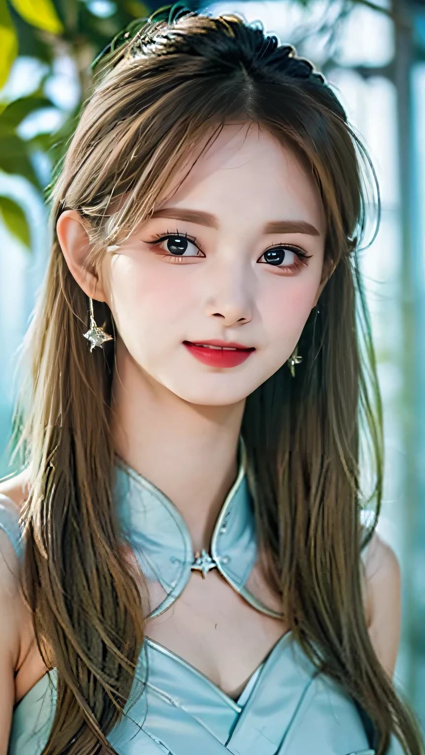 (best quality,ultra-detailed,realistic:1.37),TZUYU as mermaid,detailed face skin,beautiful detailed eyes,beautiful detailed lips,extremely detailed eyes and face,longeyelashes,fair skin,glossy lips,sparkling eyes,rosy cheeks,silky smooth skin,pearlescent scales (on her arms, shoulders, and tail),flowing long hair,shimmering in the sunlight,ethereal beauty,water reflections in her eyes,serene expression,fantasy setting,underwater scene,magical atmosphere,soft pastel colors,sunlight filtering through the water,coral reefs,seashells scattered around her,magical creatures swimming alongside her,peaceful and graceful posture,mermaid tail with intricate patterns,subtle scales texture and shading,crystal clear water,seemingly weightless in the water,subtle glittering effect on her skin,subtle aquatic flora in the background,tranquil and dreamy vibes,emerald green color palette.