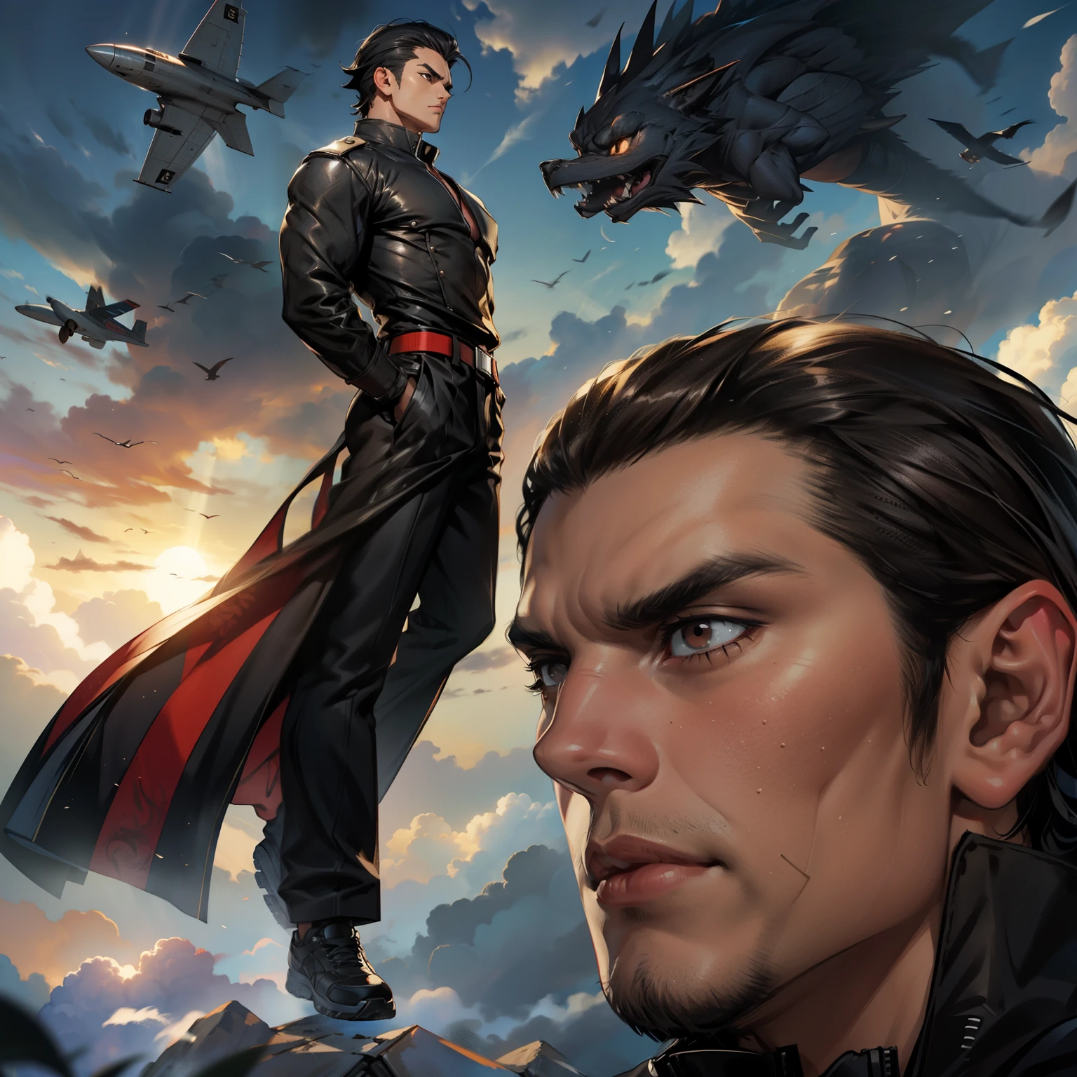 1boys, 26 Years old, Juvenile, Serious face, Brown eyes, Black hair, Brown eyes, Muscular, Black trousers, Hands behind back, Flying on sky, Cloud