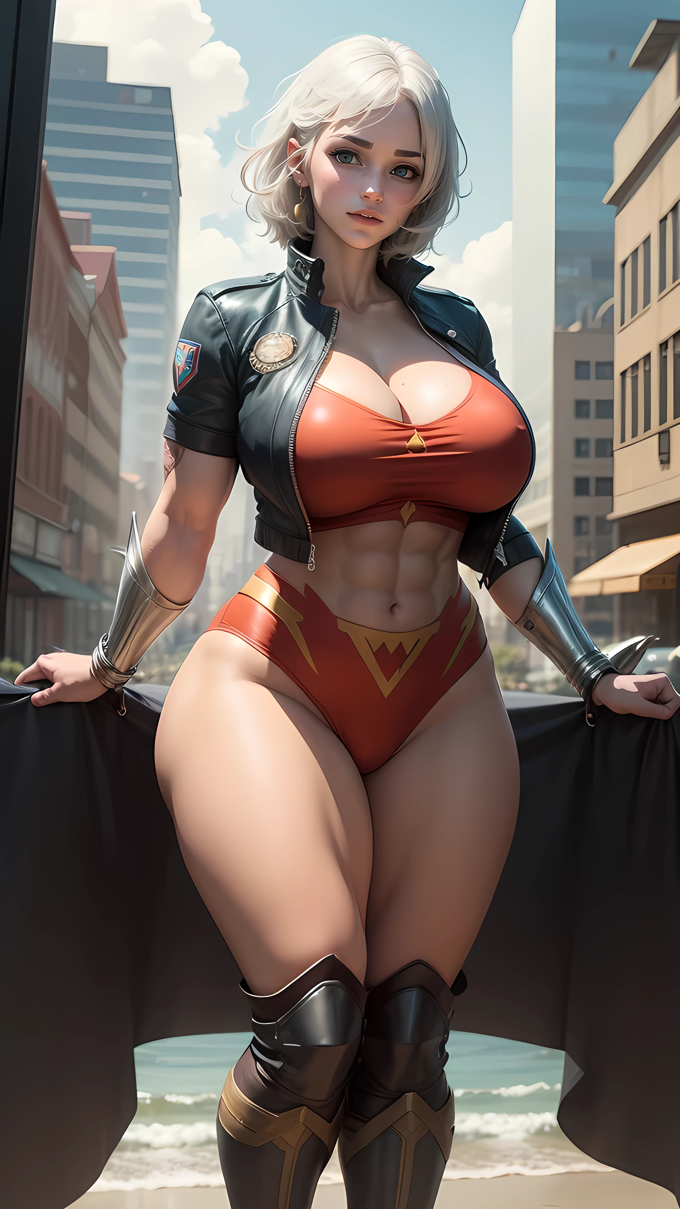 gwen tennyson,y'shtola rhul,yorha 2b, tracer,nier automata,overwatch,close up,mecha pilot,ocean view,(((massive female bodybuilder))), (((huge breasts))), tattoos,blue and red plugsuit,red short sleeve lycra top,blue lycra leggings,uncovered belly,short hair,cute makeup,green eyes,dimensional silver hair,shy smile,freckles,beautiful girl,large breasts,8k hd,ultra detailed,realistic, fantasy art,wonder woman,supergirl, golden armor,city harbor,pilot uniform,ear piercings,hair pin,short sleeve pilot jacket,thigh high boots,wet shirt,