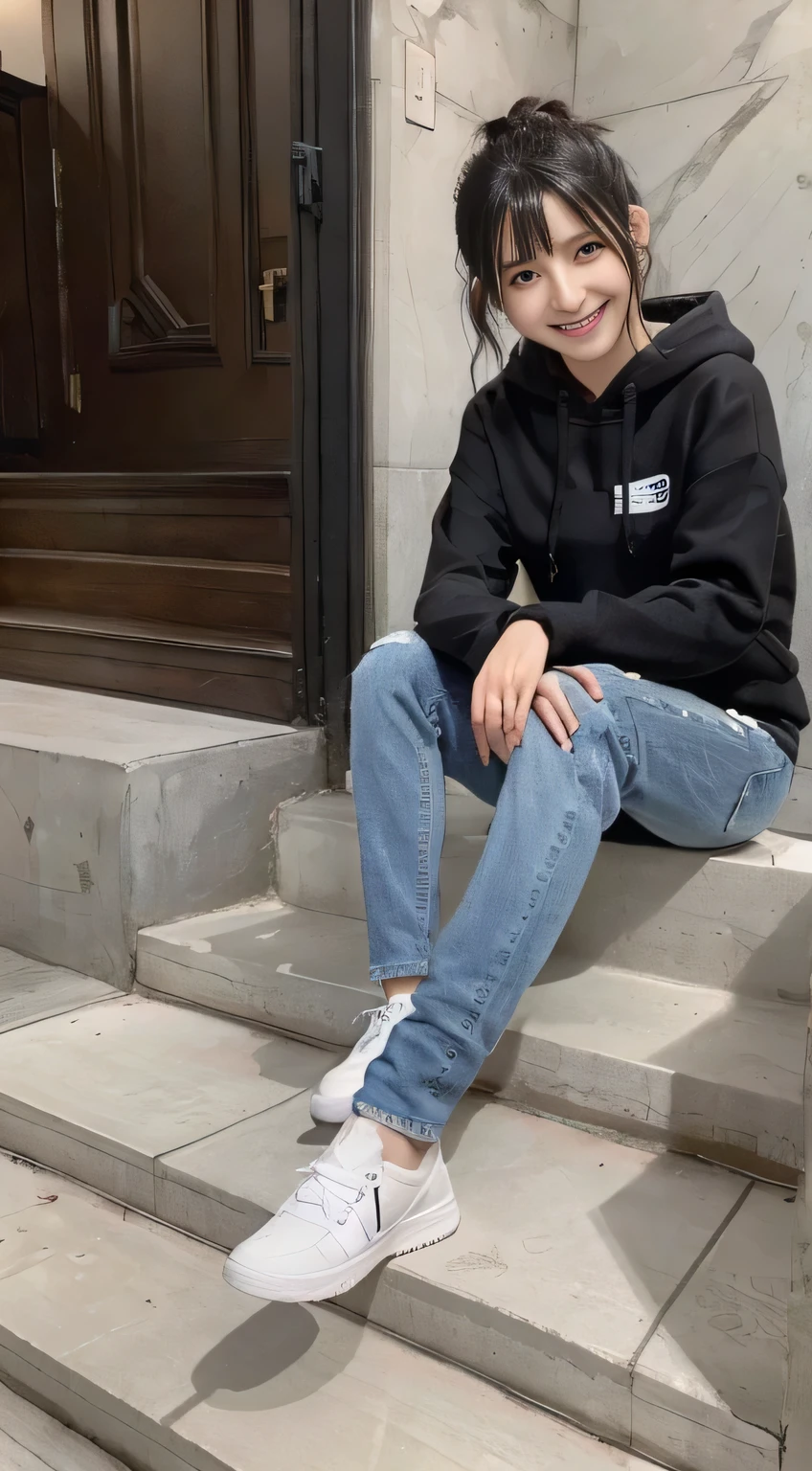 highest quality, Realistic, Very detailed, Finer details, High resolution, 8k wallpaper, One beautiful woman,Sit on the stairs、(Wear black socks)smile、(Beautiful teeth alignment、)(Gums are visible) Oversized hoodie, Skinny jeans,( Black sneakers)、Black Hair、 Beautiful Bangs、ear piercing、Perfect dynamic composition, Beautiful and detailed, Full Body Shot, A big smile