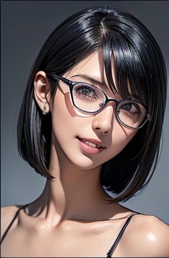 (masterpiece), (8k, best quality, high resolution), (ultra-detailed, realistic), (anatomically correct),  
((face close-up)), (Standing), (No background),
(1woman),  (looking at viewer), 
(A Japanese woman, 30 years old and 155cm tall.), 
(black hair), (straight hair), (short hair style), (bob cut), (hair behind ears), 
(wear glasses), ((black cell frame glasses)), 
((Wear a navy blue spaghetti strap dress)), (Mini length dress with simple design), 
(Create a detailed image of the eye), 
(Her impression is pure, clean and kind.), 
((A captivating smile, just showing a few teeth.)), 　 
