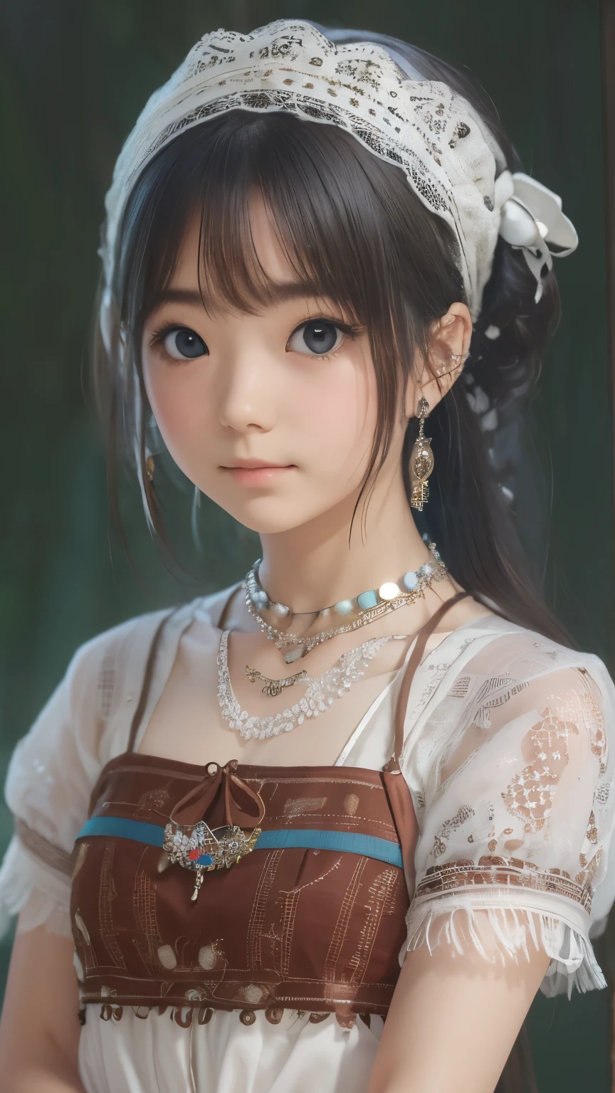 detailed face, cute face,brown eye, ((sfw: 1.4)), (sfw,She is wearing a long white embroidered skirt, a red blouse with lace, a white apron tied around her waist, blue socks, and brown leather shoes.A blue scarf is on her head. Yes, her accessories include necklaces, earrings, and bracelets. 1 Girl)), Ultra High Resolution, (Realistic: 1.4), RAW Photo, Best Quality, (Photorealistic Stick), Focus, Soft Light, ((15 years old)), ((Japanese)), (( (young face))), (surface), (depth of field), masterpiece, (realistic), woman, bangs, ((1 girl))