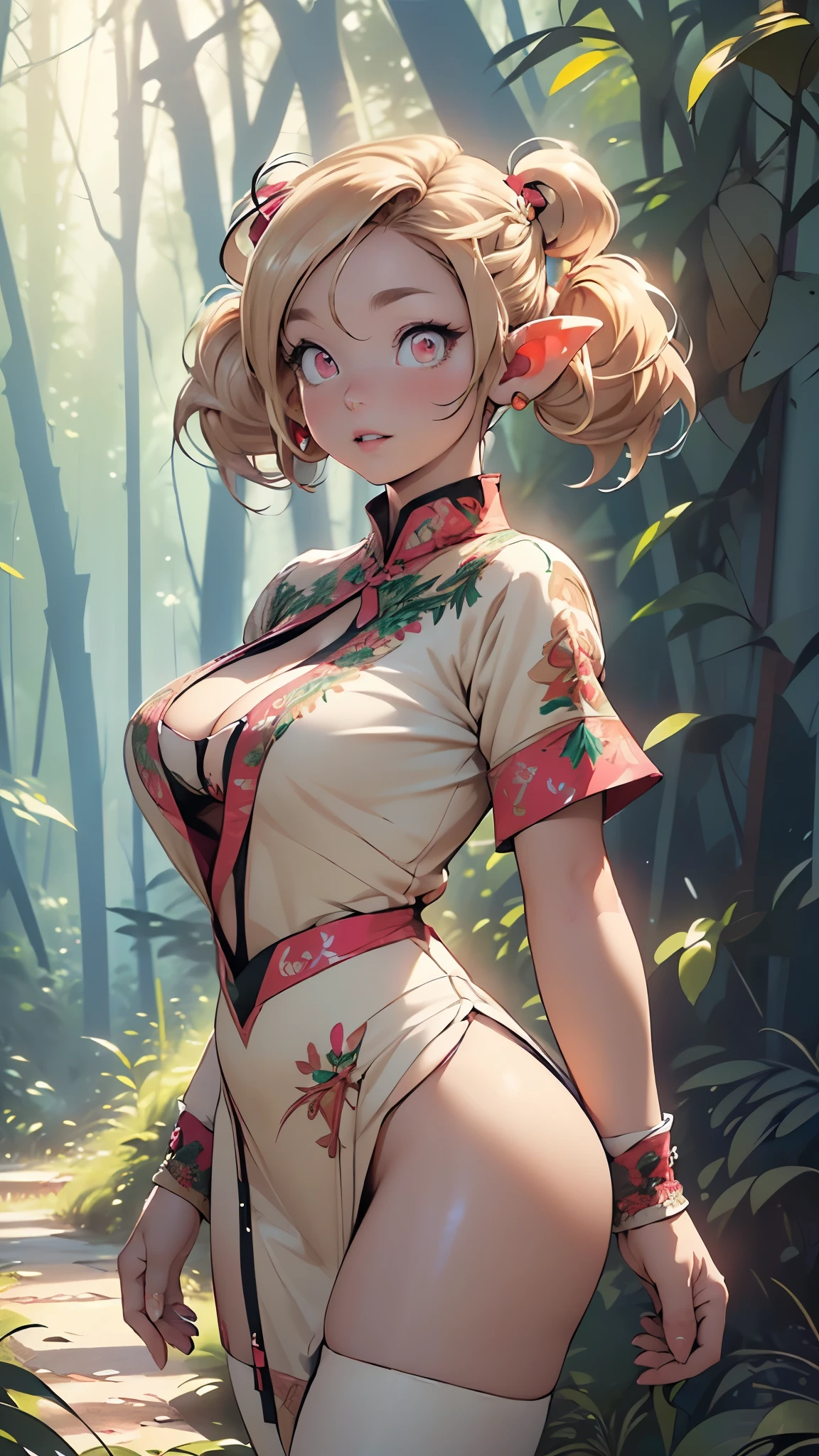 elf girl,(((1girl))),((extremely cute and beautiful elf girl)),((())),(((elf))), (((elf ears:1.5))),
(large breasts:1.5),((((blonde long hair:1.35,(blonde twintails hair:1.5),colored inner hair,ear breathing)))),(pointed ears,(((dark_pink_eyes:1.3))),intricate eyes,beautiful detailed eyes,symmetrical eyes,big eyes:1.5,((fat)),(((lustrous skin:1.5,bright skin: 1.5,skin tanned,shiny skin,very shiny skin,shiny body,plastic glitter skin,exaggerated shiny skin,illuminated skin))),(spider lower abdomen,narrow waist,wide hip,athletic body,inflated legs,thick thighs,detailed body,(detailed face)),
cute,slutty,seductive,erotic,(nsfw),
(((huge cleavage))),revealing clothes,show skin,((underboob)),((elven princess clothes)),revealing clothes,((loincloth)),(((pelvis curtain))),(((dark pink theme clothes,intricate outfit,intricate clothes,embroidered outfit,ornate outfit))),
(dynamic pose:1.0),embarrassed,happy,(centered,scale to fit dimensions,Rule of thirds),
((pine forest,elven palace in the forest:1.5)),scenery:1.25,((intricate scenery)),((elven palace in the forest background)),
(Glossy winter ornaments),highres,sharp focus,(ultra detailed,extremely detailed),(photorealistic artwork:1.37),(extremely detailed CG unity 8k wallpaper),(((vibrant colors,vibrant theme))),(intricate),(masterpiece),(best quality),artistic photography,(photography taken by sldr),(intricate background),perfect rendered face,perfect face details,realistic face,photo realistic,((intricate detail)),(((realism))),