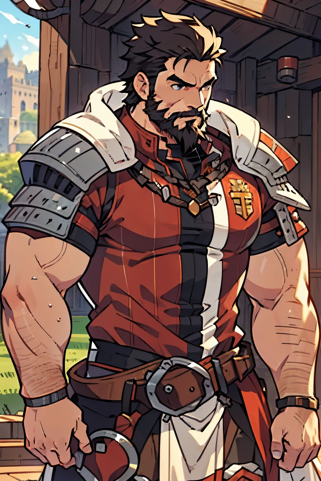 Large medieval kingdom in the background, old mature muscular male, black hair, very short hair, cropped military hairstyle, ((black beard))), ((thick beard)), (((full beard))), ((long beard)), green eyes, bright eyes, 48 years old, bara, muscular male, large shoulders, thick muscles, big muscles, huge arms, huge body, tall, Piece, athlete, bare biceps, Abs, chest, medieval armor, light armor, red armor, Mystical armor, Golden details on the armor, black details on the armor, elsword style armor, ((arms exposed)), thick beard, Neutral face, cowboy shot, high resolution:1.2, best quality, master part, daylight, Reflection of lens, upper body shot