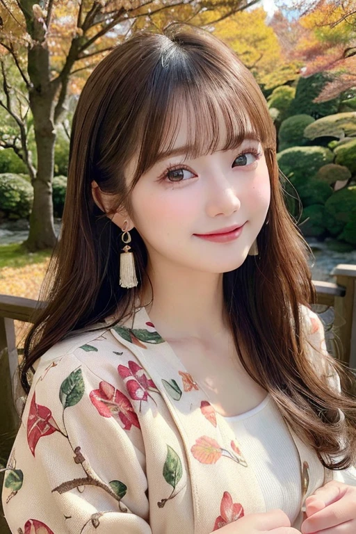 (A hyper-realistic), (illustratio), (hight resolution), (8K), (ighly detailed), (The best illustrations), (Beautiful detailed eyes), (top-quality), (ultra-detailliert), (​masterpiece), (wall-paper), (Detailed face), (beautiful smiling face)、(Beautiful face)、long、Earrings with bangs、solo、(((Cute Japan Beautiful Girl)))、  Japan beautiful adult girl 25 years old))、 ((Baby face))、(((D Cup Big)))agitation、real looking skin、Hair fluttering in the wind、date、date、Date Clothes、Autumn clothes、autumnal、Colored leaves、Autumn foliage background、naturey、date、cute  face、Adult beauty