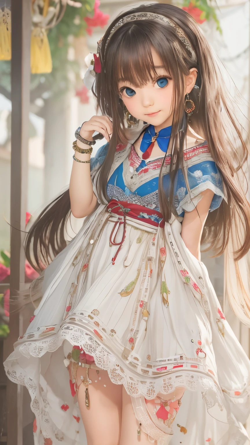 detailed face, cute face,brown eye, ((sfw: 1.4)), (sfw,She is wearing a long white embroidered skirt, a red blouse with lace, a white apron tied around her waist, blue socks, and brown leather shoes.A blue scarf is on her head. Yes, her accessories include necklaces, earrings, and bracelets. 1 Girl)), Ultra High Resolution, (Realistic: 1.4), RAW Photo, Best Quality, (Photorealistic Stick), Focus, Soft Light, ((15 years old)),  ((Japanese)), (( (young face))), (surface), (depth of field), masterpiece, (realistic), woman, bangs, ((1 girl))