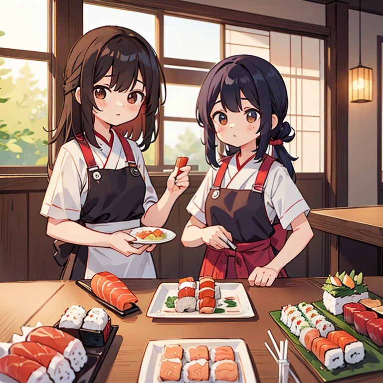 As a sushi chef at a sushi restaurant、Girls holding sushi