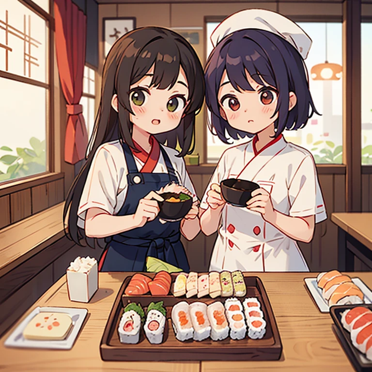 As a sushi chef at a sushi restaurant､Girls holding sushi