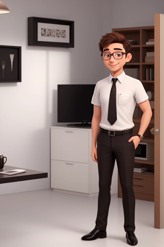 A man of 30 years old, with short brown hair,diamond face, strict look, and brown eyes, wearing white white shirt with necktie and glasses. full body, sweet smile, wearing black skinny pants