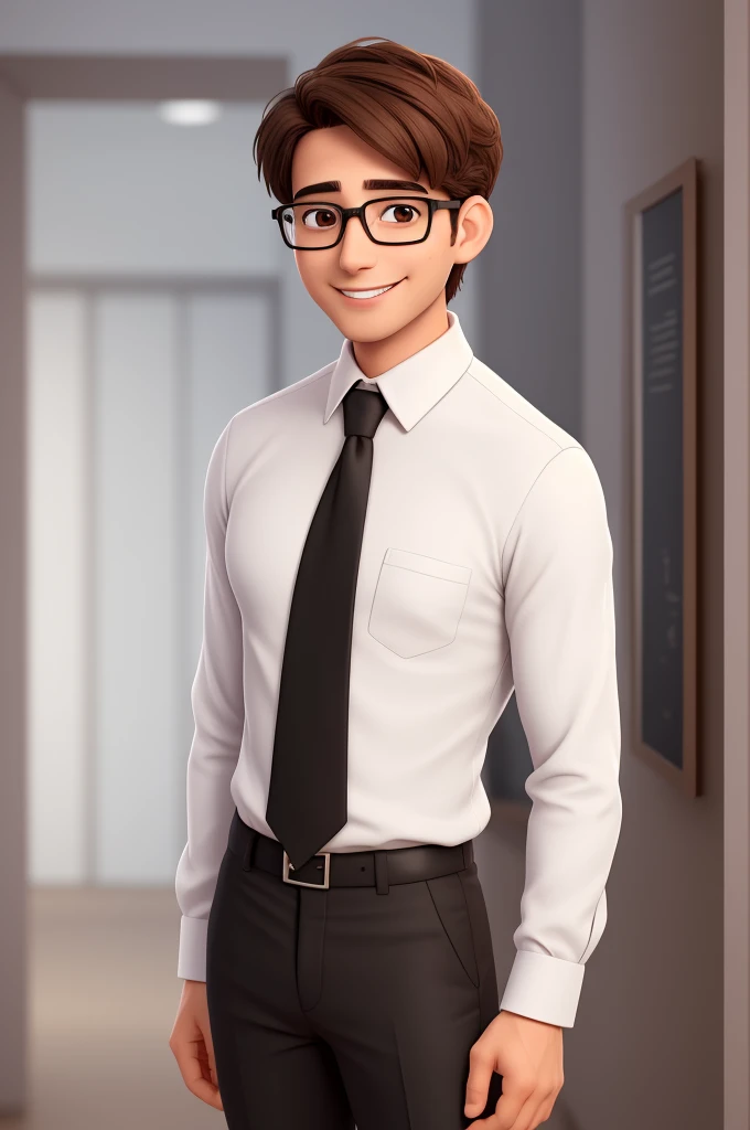 A man of 30 years old, with short brown hair,diamond face, strict look, and brown eyes, wearing white white shirt with necktie and glasses. full body, sweet smile, wearing black skinny pants