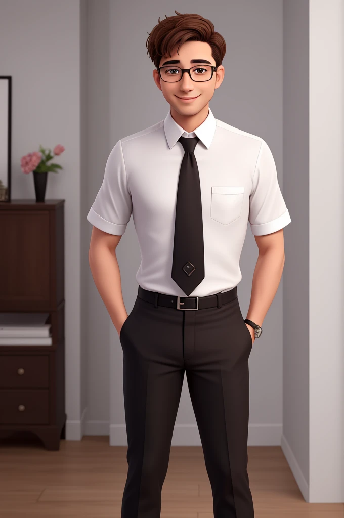 A man of 30 years old, with short brown hair,diamond face, strict look, and brown eyes, wearing white white shirt with necktie and glasses. full body, sweet smile, wearing black skinny pants