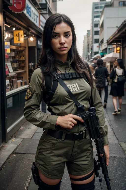 1 girl, (realistic)++, beautiful lighting, masterpiece++, best quality++, realistic, full body portrait, real photo, intricate details, depth of field, 1 girl, soldier girl black hair sniper rifle handle, Black military uniform, bulletproof vest, Carrying an assault rifle, M16, inside the city, very detailed, perfect face, black eye, Lips, wide hips, small waist, tall, assembly, Fujifilm XT3, epic professional photography:Ed Brinkey, Atei Gailan, Studio Ghibli, author:Jeremy Mann, Greg Manches, Antonio Moro, trends in artstationh, Popular on CGSociety, convoluted , high detail , sharp focus, impressed, Midjourney and the realist art of Greg Rutkowski, Original image, 8K UHD