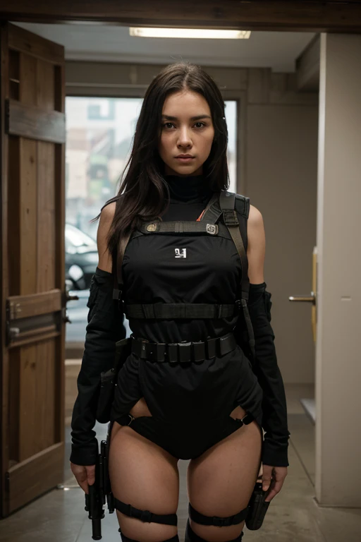 1 girl, (realistic)++, beautiful lighting, masterpiece++, best quality++, realistic, full body portrait, real photo, intricate details, depth of field, 1 girl, soldier girl black hair sniper rifle handle, Black military uniform, bulletproof vest, Carrying an assault rifle, M16, inside the city, very detailed, perfect face, black eye, Lips, wide hips, small waist, tall, assembly, Fujifilm XT3, epic professional photography：Ed Brinkey, Atei Gailan, Studio Ghibli, author：Jeremy Mann, Greg Manches, Antonio Moro, trends in artstationh, Popular on CGSociety, convoluted , high detail , sharp focus, impressed, Midjourney and the realist art of Greg Rutkowski, Original image, 8K UHD