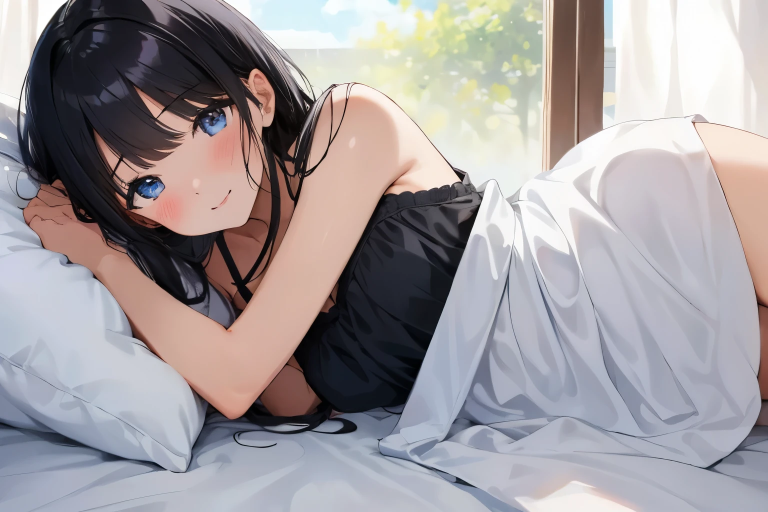 Masterpiece、highest quality、1 female、Super detailed Black Hair、bangs Blue Eyes、Detailed depiction of the eyes Smiling、blush camisole Face is close、Facial Close-up、Bring your face closer Sheetsに肘をつく、Bend your elbows to the side、Spread your shoulders、Put one palm towards you、Raise one arm Sheets