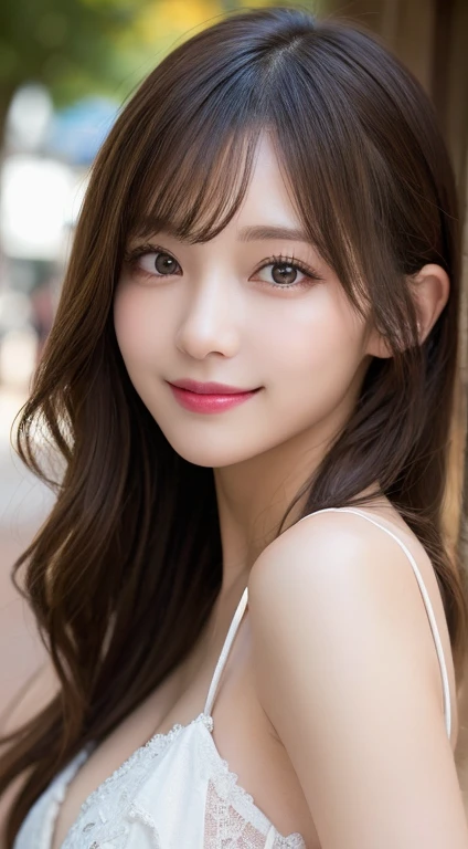 masutepiece, Best Quality, Illustration, Ultra-detailed, finely detail, hight resolution, 8K Wallpaper, Perfect dynamic composition, Beautiful detailed eyes, Autumn Women's Fashion,waved hair,、Natural Color Lip, Bold sexy poses,Smile,Harajuku、20 years girl、Cute、Sexy shot looking at camera