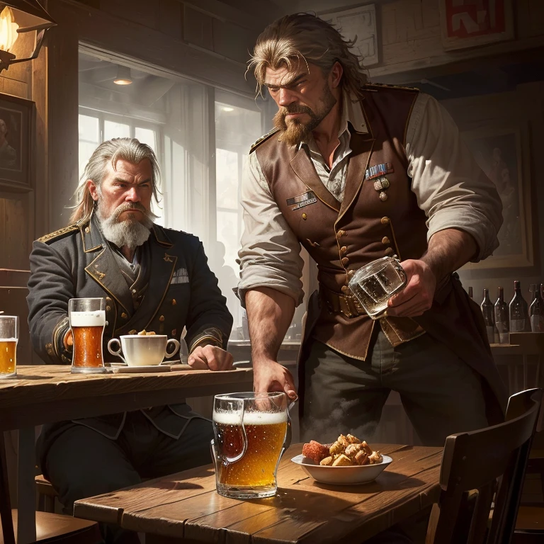 A picture of a rough man grabbing the hand of a waitress who is placing a beer mug on the table, Slavomir Maniac, Alexander Guinea, Bertalan Karlovsky, Carl Kopinski, by Grzegorz Domaradzki, by Johannes Helgeson, Pino Dani and Dan Mumford, By Alexander Gierimski、dark fantasy illustration