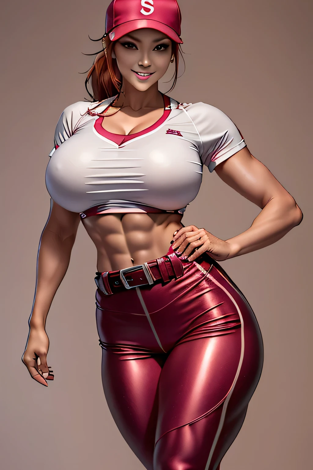 (Sharp focus:1.2), , Attractive young woman solo, (Beautiful Face:1.1), Beautiful Eyes, Seductive lips, (Smokey Eye Makeup:0.85), (Big and ample breasts:1.3), (Moving objects:1.5), Arafei female solo ponytail height model、Fluorescent pink baseball uniform、Baseball cap、Short sleeve shirt、belt、Five Fingers、Long, slender legs,、Long trousers、Spikes、Redhead、blue eyes、Fitness body types、Dynamic pose、Mischievous Smile