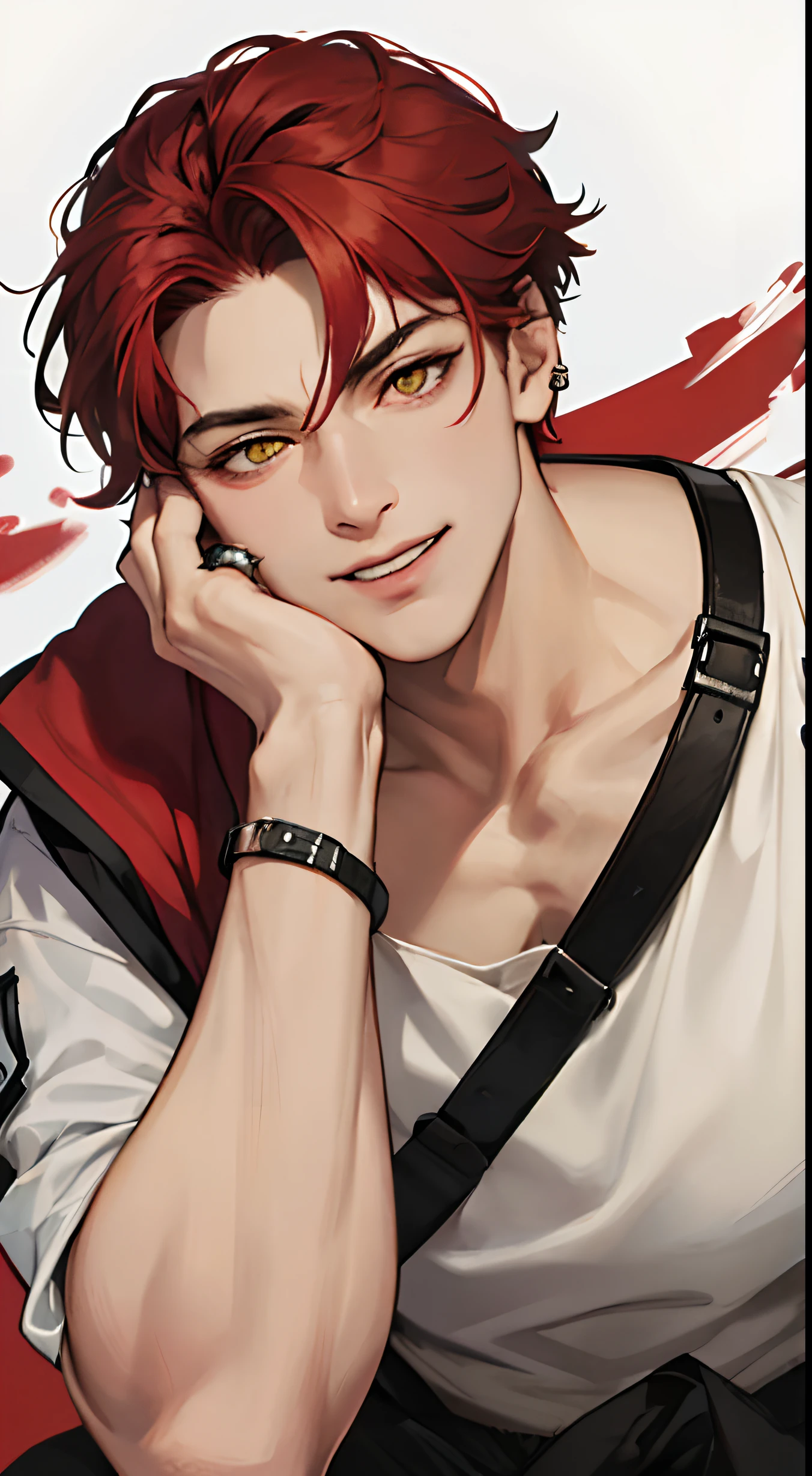 A 28-year-old man with scarlet hair, Yellow eyes, hands on the face, White jacket, maniacal gaze, hand on cheek, finger rings, rabies, bloods, laughter