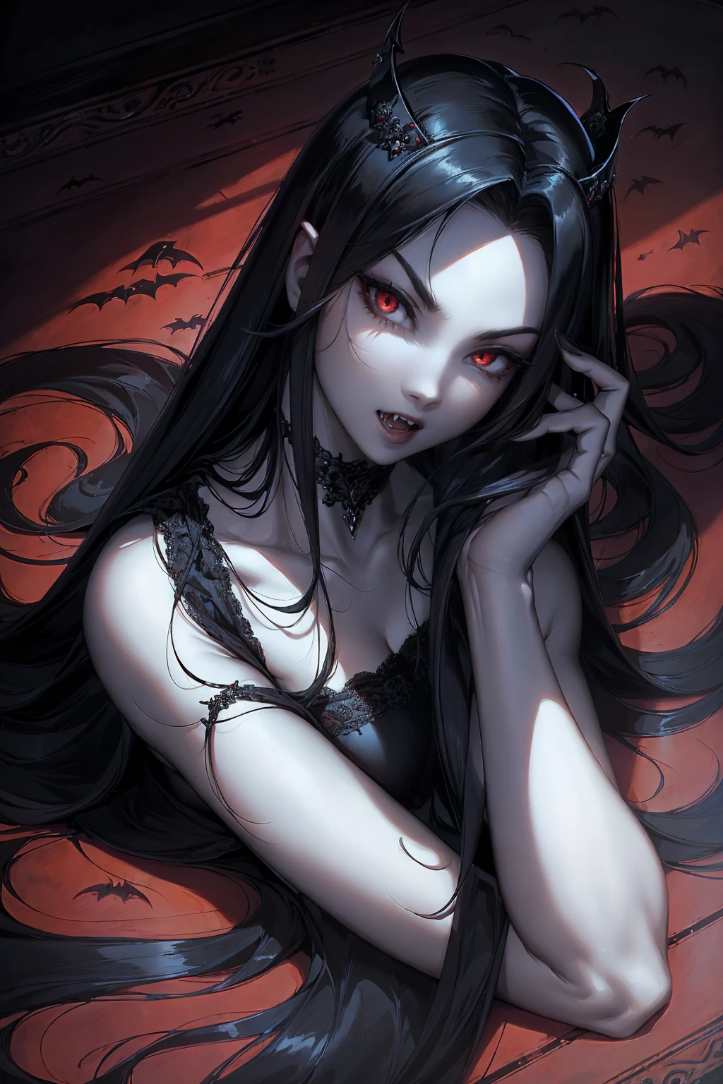 absurdres, ((stunning female Vampire))), goth Renaissance, (long black hair:1.erfect and detailed angular sharp oval shaped face, ((redeyes)), jewelry, red and black tetradic colors, full lips, gothic castle background, (solo), perfect anatomy, approaching perfection, ethereal, intricate details, ultra-high definition, 12k resolution, goth aesthetic, smooth, sharp focus, dreamy, glowing, backlit, glamour, glimmer, fantastical, shadows, smooth, Gothic crown, laying on the ground,  perfect hands