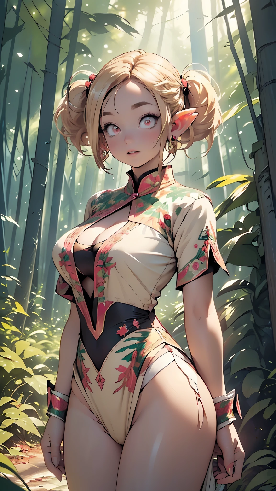 elf girl,(((1girl))),((extremely cute and beautiful elf girl)),(((13 years old))),(((elf))), (((elf ears:1.5))),
(large breasts:1.5),((((blonde long hair:1.35,(blonde twintails hair:1.5),colored inner hair,ear breathing)))),(pointed ears,(((dark_pink_eyes:1.3))),intricate eyes,beautiful detailed eyes,symmetrical eyes,big eyes:1.5,((fat)),(((lustrous skin:1.5,bright skin: 1.5,skin tanned,shiny skin,very shiny skin,shiny body,plastic glitter skin,exaggerated shiny skin,illuminated skin))),(spider lower abdomen,narrow waist,wide hip,athletic body,inflated legs,thick thighs,detailed body,(detailed face)),
cute,slutty,seductive,erotic,(nsfw),
(((huge cleavage))),revealing clothes,show skin,((underboob)),((elven princess clothes)),revealing clothes,((loincloth)),(((pelvis curtain))),(((dark pink theme clothes,intricate outfit,intricate clothes,embroidered outfit,ornate outfit))),
(dynamic pose:1.0),embarrassed,happy,(centered,scale to fit dimensions,Rule of thirds),
((pine forest,elven palace in the forest:1.5)),scenery:1.25,((intricate scenery)),((elven palace in the forest background)),
(Glossy winter ornaments),highres,sharp focus,(ultra detailed,extremely detailed),(photorealistic artwork:1.37),(extremely detailed CG unity 8k wallpaper),(((vibrant colors,vibrant theme))),(intricate),(masterpiece),(best quality),artistic photography,(photography taken by sldr),(intricate background),perfect rendered face,perfect face details,realistic face,photo realistic,((intricate detail)),(((realism))),