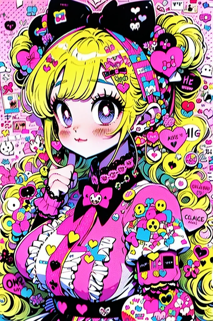 1 Girl, Ash Blonde Hair, Heart-shaped ornaments, Braids with Candy Accessories, She wore a different colored bow on each braid.: One is dark pink,The other is white, Her outfit is a maid cafe maid outfit,Dark pink in color,With white ruffles and lace, Contains cute claw-shaped ons, Holding heart-shaped chocolates or candies, Beautiful and simple background,Without losing details,
