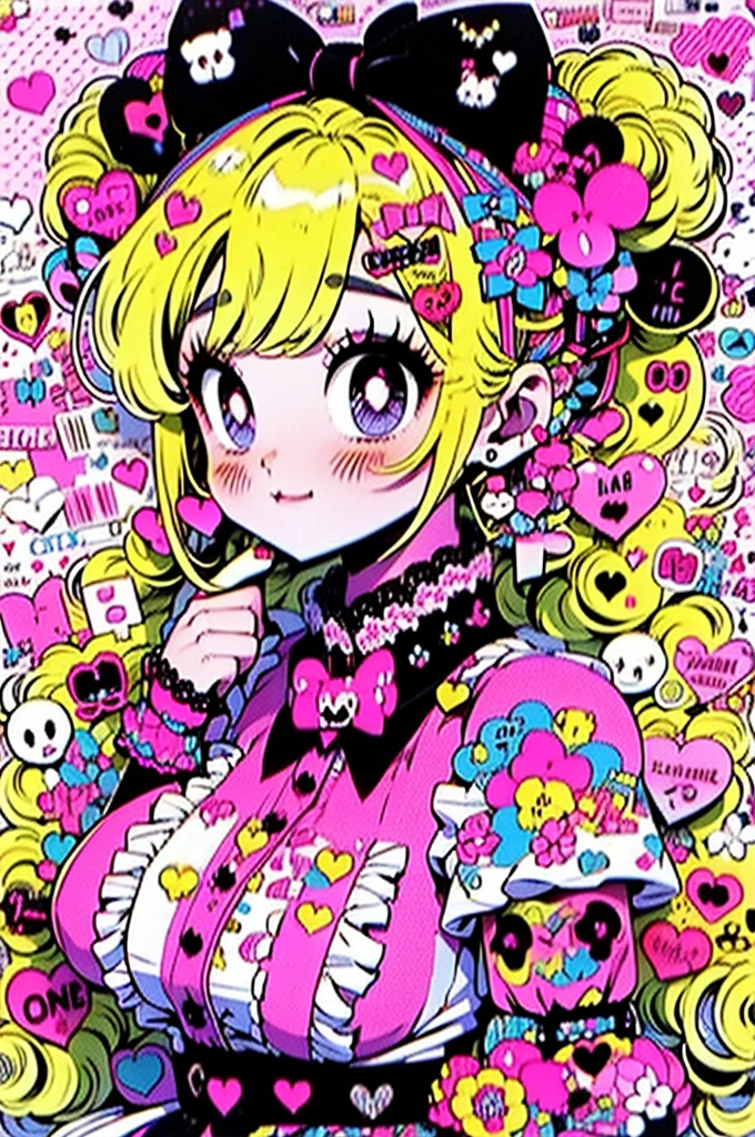 1 Girl, Ash Blonde Hair, Heart-shaped ornaments, Braids with Candy Accessories, She wore a different colored bow on each braid.: One is dark pink,The other is white, Her outfit is a maid cafe maid outfit,Dark pink in color,With white ruffles and lace, Contains cute claw-shaped buttons, Holding heart-shaped chocolates or candies, Beautiful and simple background,Without losing details,