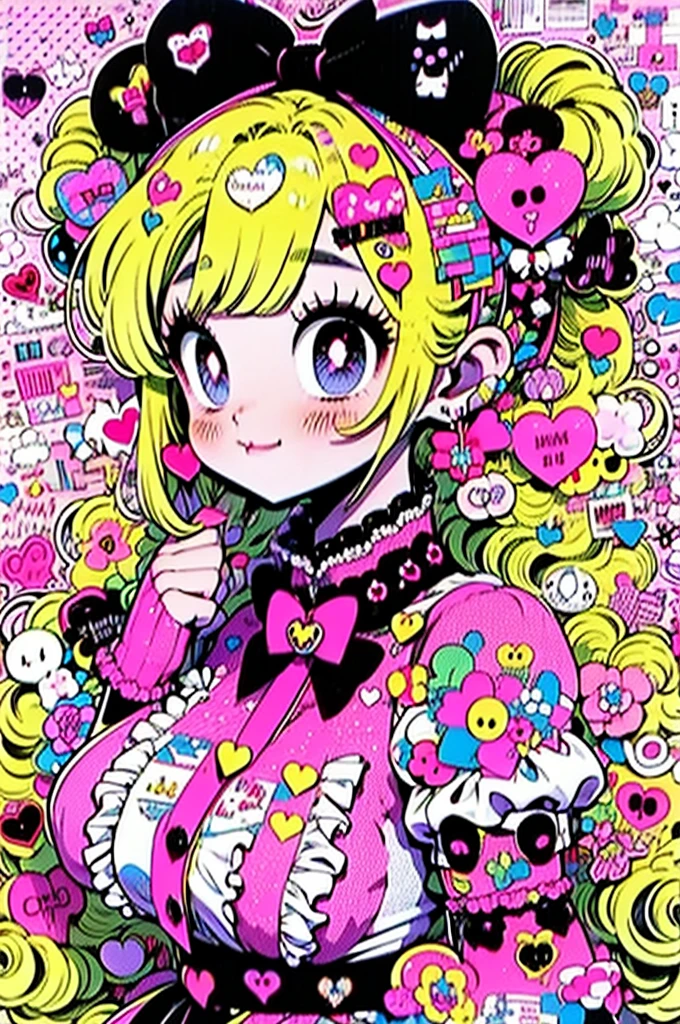 1 Girl, Ash Blonde Hair, Heart-shaped ornaments, Braids with Candy Accessories, She wore a different colored bow on each braid.: One is dark pink，The other is white, Her outfit is a maid cafe maid outfit，Dark pink in color，With white ruffles and lace, Contains cute claw-shaped buttons, Holding heart-shaped chocolates or candies, Beautiful and simple background，Without losing details,