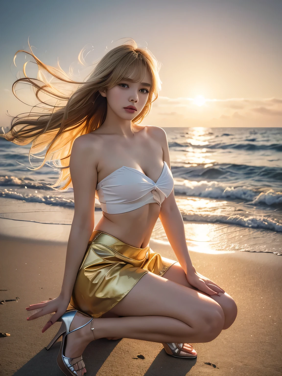8K, Photographic images, masterpiece, 最high quality, Super-resolution,Low angle image, Beauty with golden curly hair, ((BlondeBeauty)), With bangs, Impossibly cute face, And slim, Small breasts, high quality, T Masterpiece, Exquisite Function, Delicate eye, delicate golden hair, 8K quality, Pale light and shadow, Dindal effect, disheveled golden hair, With bangs,(logo、masterpiece、8k、Tabletop、RAW Photos、wonderful、最high quality、Photorealistic and very detailed CG synthesis 8k wallpaper、high quality、Very detailed、Narrative poem、Particle Effects、Dynamic Effects、Written boundary depth、Cinematic Light、Lens flare、Ray Tracing)、Fantasy、Angle from the front ground、Full body images、 (One beautiful woman、Strong Wind、The skirt flips up in the wind、Panty shot、T-Shirts、Light skirt、The underwear line is completely visible、Tube top、Crop top、High heels、Blonde、Beautiful Face、True Face、Beautiful details、eye、Beautiful Skin、Ultimate Body、glamorouy skirt flutters in the wind、Hair flutters in Wind、Hair bounces、Seaside、Wonderful views、Coastal、sunrise、Sun in the background、Wind、Beach