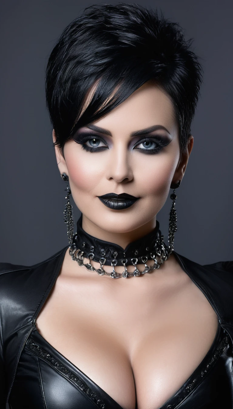 portrait of a gothic chic woman with a bold busty figure. Her style exudes dark glamour with a hint of edge. Piercings and smoky eye makeup enhance her mysterious allure. She wears a tight black leather outfit, embracing her curves. Her expression is confident, with a subtle smile. The image captures her unique blend of gothic beauty and sensuality."