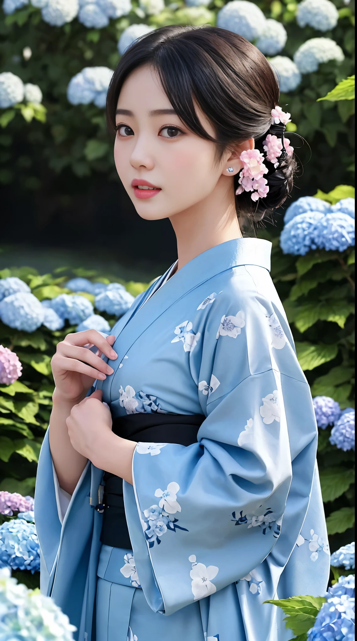 最high quality、high quality、Best image quality、8k、最High resolution、High resolution、最high quality、masterpiece、RAW Photos、whole body写真、Detailed and realistic human body、Detailed and realistic skin、Realistic face in every detail、Detailed and realistic eyes、Detailed and realistic lips、Detailed and realistic teeth、Detailed and realistic ears、Detailed and realistic hair、Detailed and realistic weapons、Realistic reproduction of every detail、Realistic fingers in every detail、(Beautiful Hands、thumb1reference4)、Realistic feet down to the last detail、((Beautiful Japanese Girl))、(Japanese Model)、((18 year old beautiful girl))、(Black Hair)、(Straight hair)、((whole body))、(Slim and perfect figure)、(whole body光沢肌、Fair skin)、Detailed and realistic human body、Detailed and realistic skin、Realistic face in every detail、Detailed and realistic weapons、Realistic fingers in every detail、Detailed realistic feet、Soft natural light、(Maiko-san、geisha、kimono、Long-sleeved kimono、yukata、Japanese tradition、Samurai Residence、Japanese garden、A 360-degree flower field filled with blooming hydrangeas、((Colorful floral pattern(丈が短いkimono))、((Standing in the middle of a hydrangea field(A girl surrounded by hydrangea flowers 360 degrees))、Poses to make your thighs look beautiful