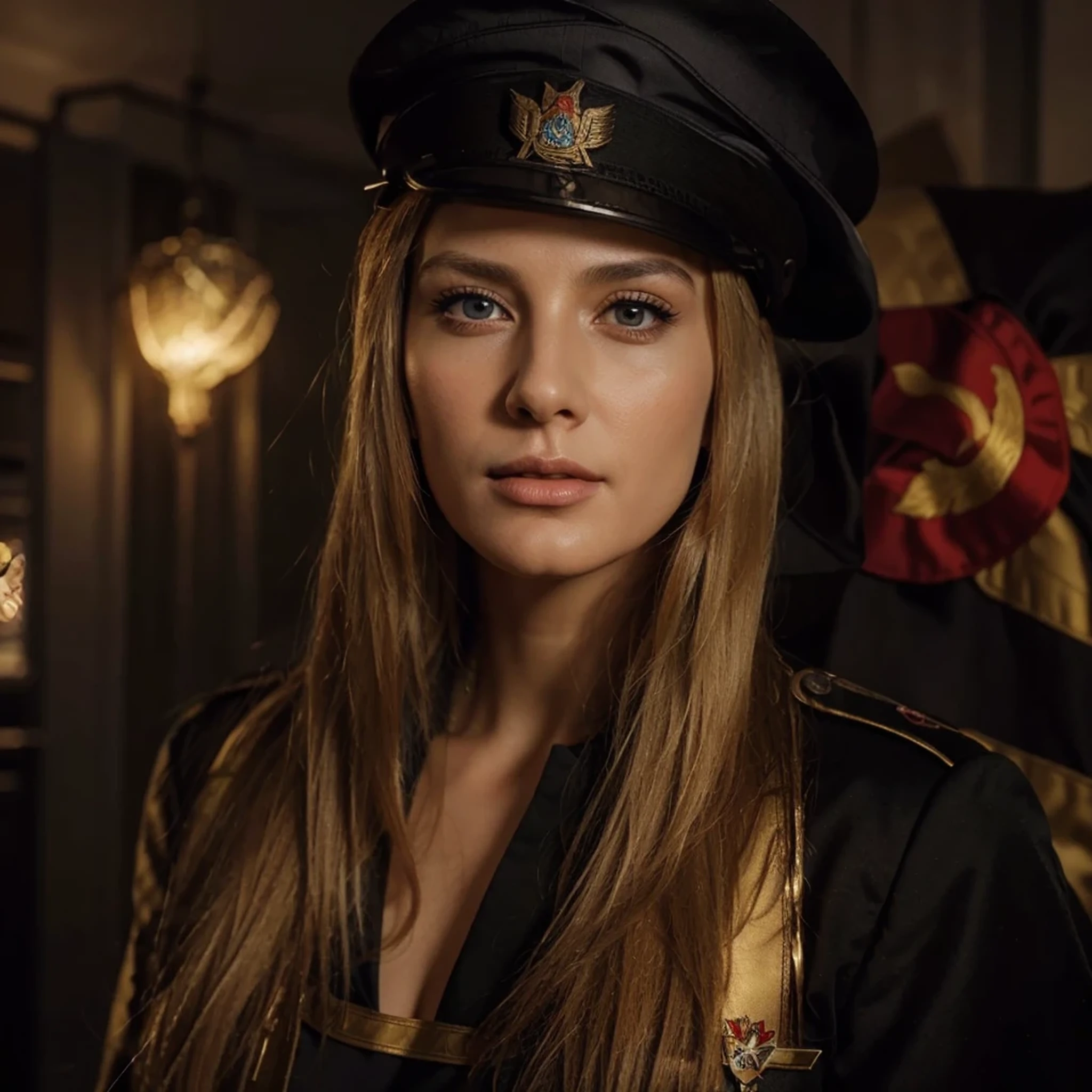 (medium full shot) of (supermodel young woman:1.1) soldier, british with ginger cone hair bun, bright blue eyes, light skin, curvy, wearing High-necked jacket with epaulets, trousers with side stripes, lace-up boots, officer's cap, compass, surprised, open mouth, pointing her finger at the viewer, set in Forward Operating Base (FOB), Encampment with rows of tents and makeshift buildings, soldiers moving about with purpose, vehicles parked in designated areas, a radio tower transmitting signals, dusty terrain stretching into the distance , at night, ,Masterpiece,best quality, photorealistic, amazing quality, very aesthetic, extremely detailed face,