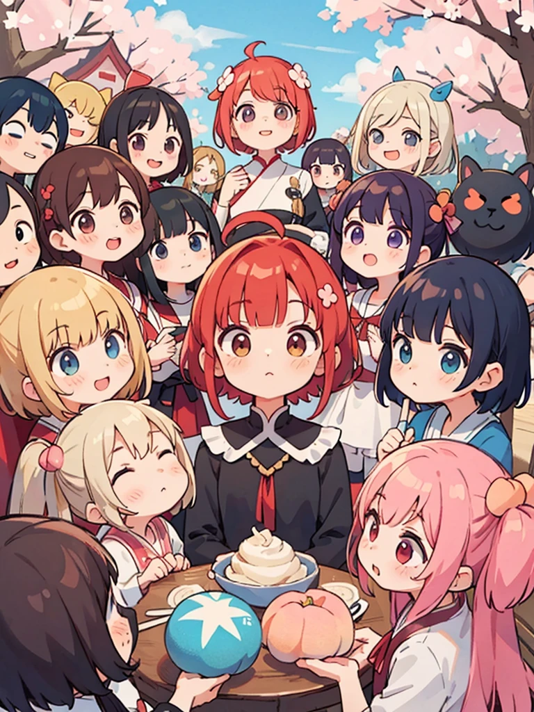 Peach Sakura Style, kawaii design, (((10 people)))、The most beautiful girl、Red Cliff, Colorful bob hair、((Lots of friends))、let'Explore Mars together