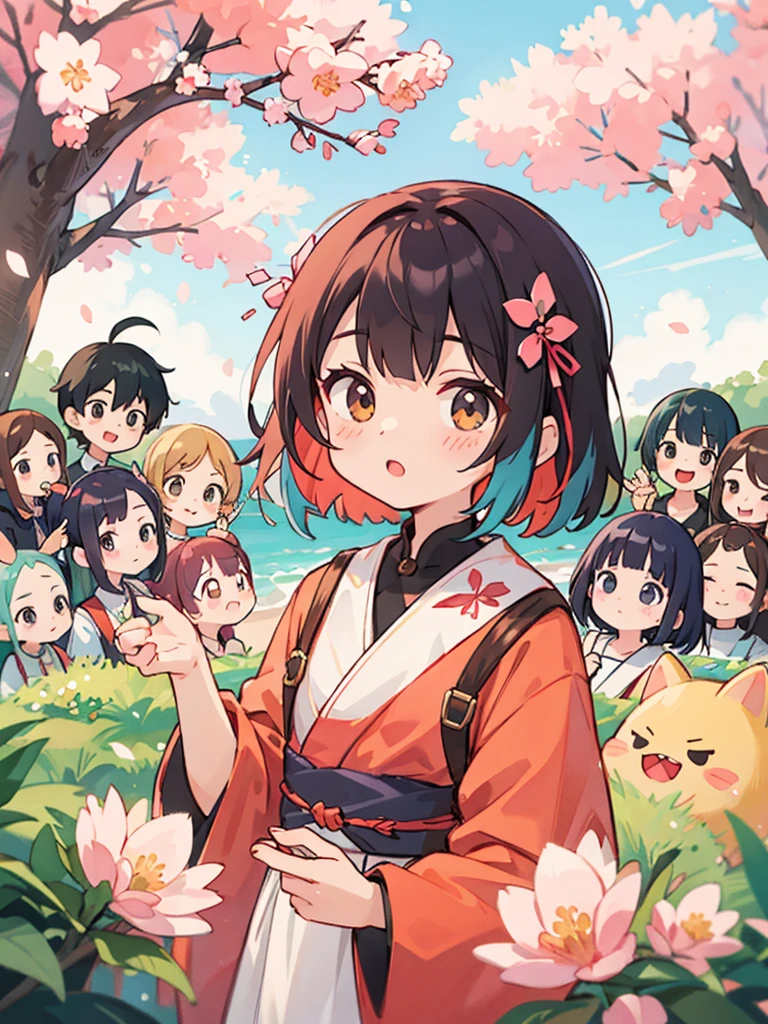 Peach Sakura Style, kawaii design, (((10 people)))、The most beautiful girl、Red Cliff, Colorful bob hair、((Lots of friends))、let'Explore Mars together